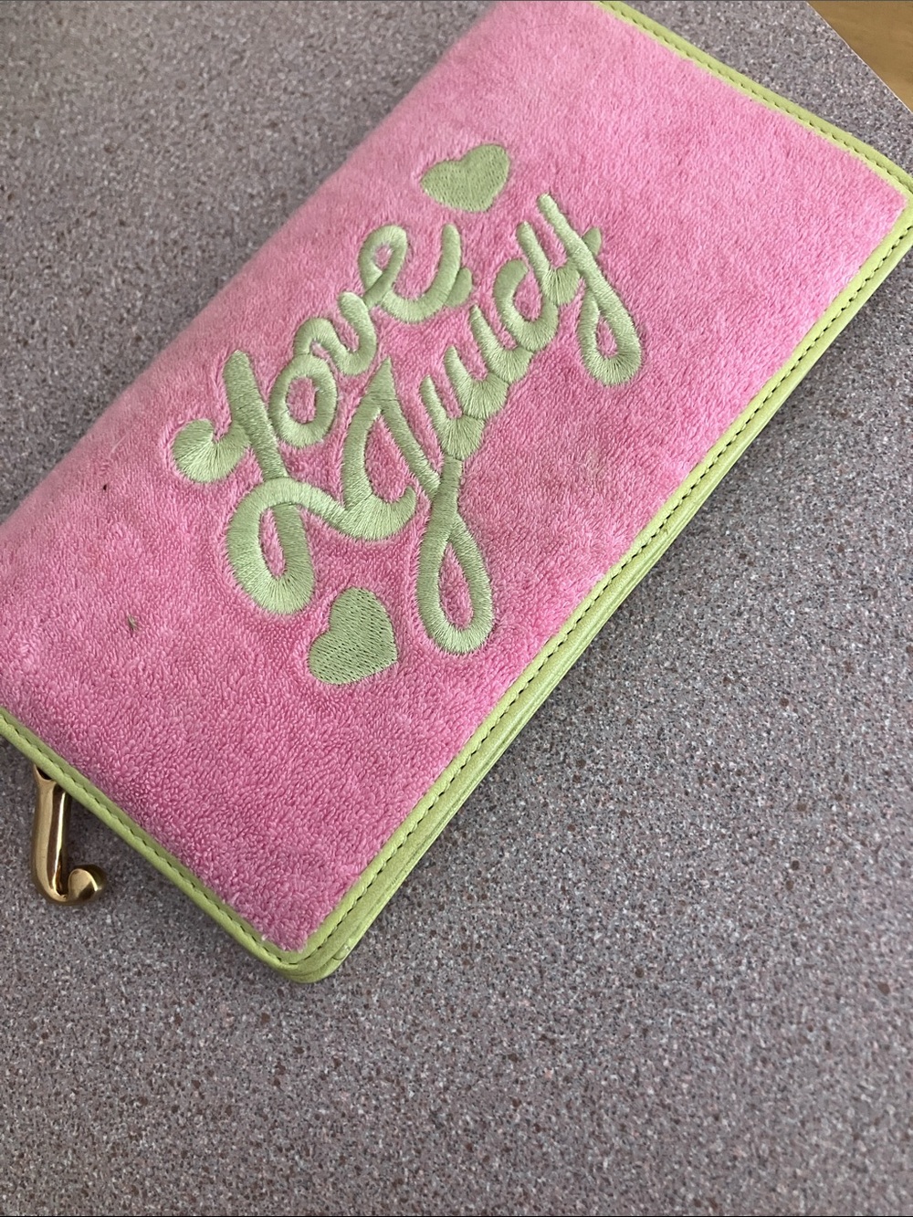 Juicy Couture Pink Terry Cloth Wallet with Lime Green Embroidery and leather